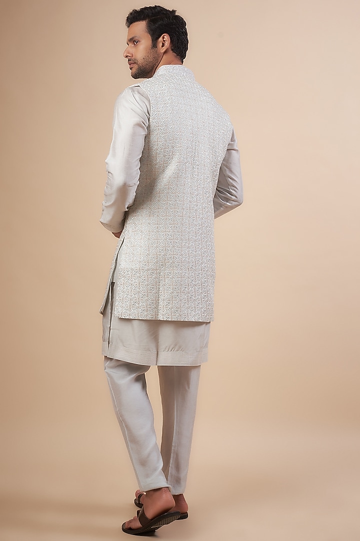Aqua Blue Blended Silk Digital Embroidered Wedding Indowestern Set by Vanshik at Pernia's Pop Up Shop