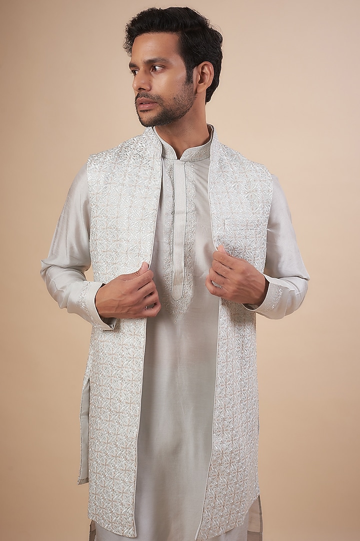 Aqua Blue Blended Silk Digital Embroidered Wedding Indowestern Set by Vanshik at Pernia's Pop Up Shop