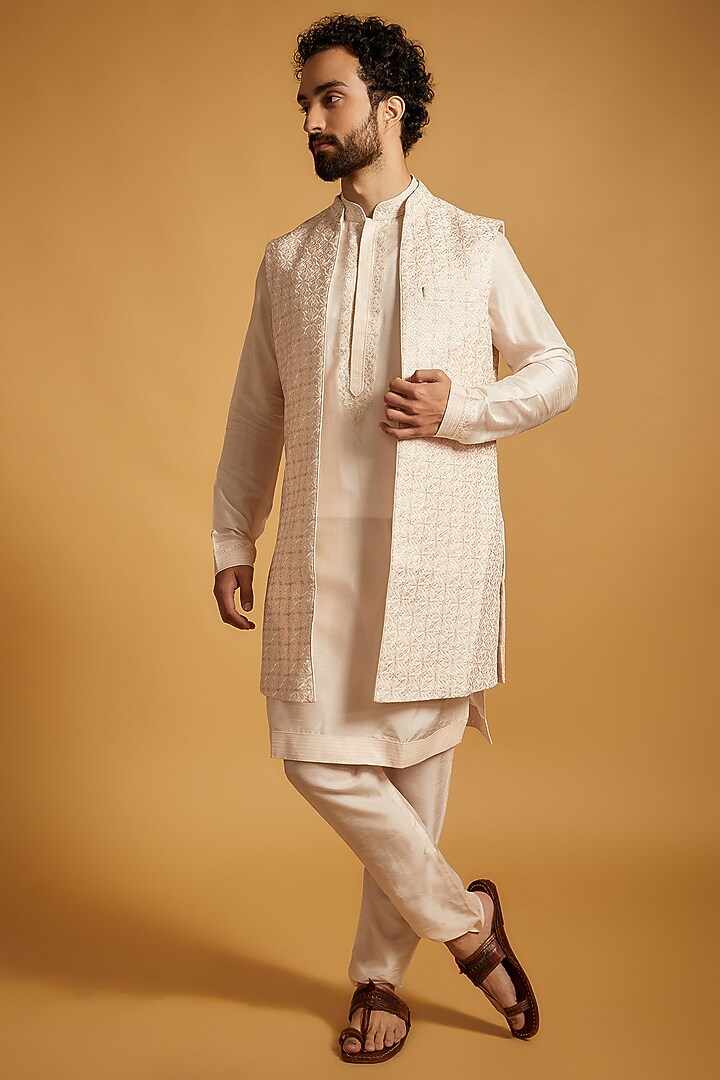 Blush Tussar Silk Floral Embroidered Wedding Indowestern Set by Vanshik at Pernia's Pop Up Shop