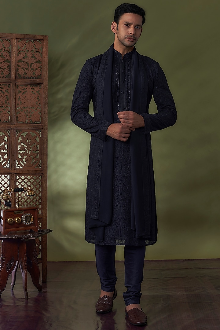 Navy Blue Georgette Lucknowi Kurta Set by Vanshik at Pernia's Pop Up Shop