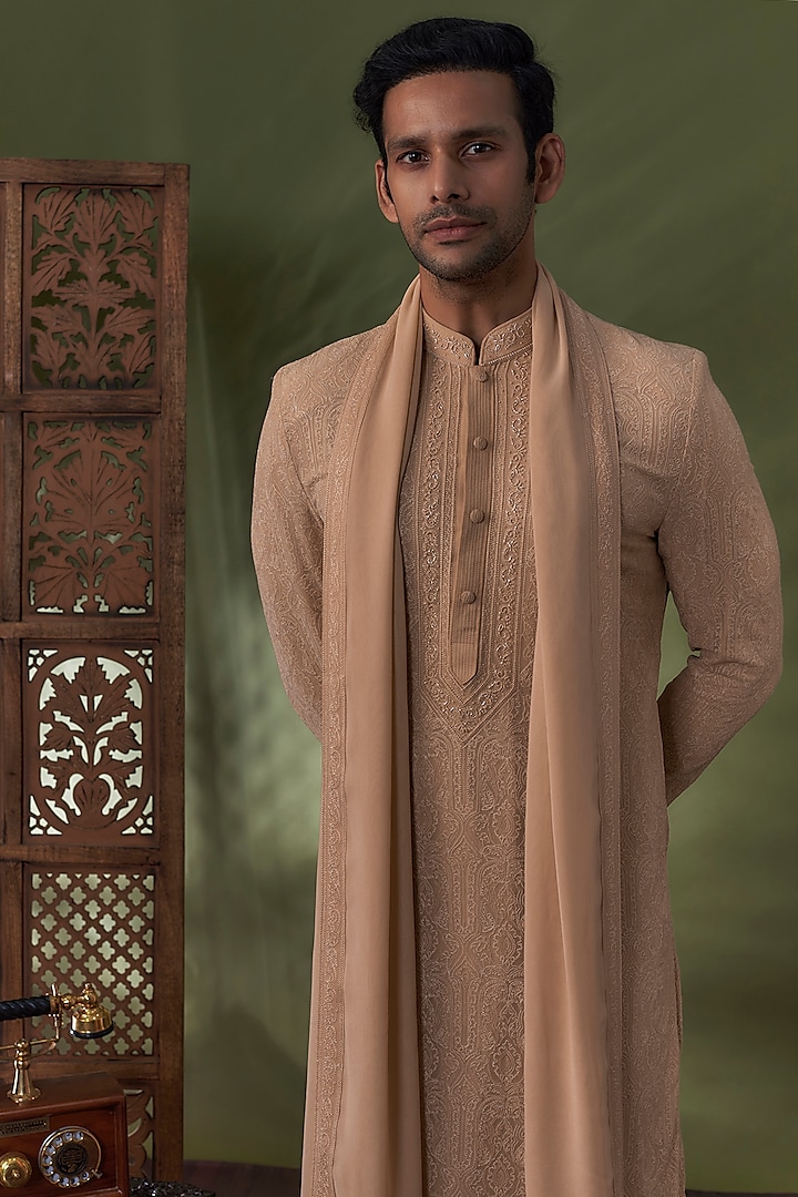 Dark Rose Georgette Lucknowi Kurta Set by Vanshik at Pernia's Pop Up Shop