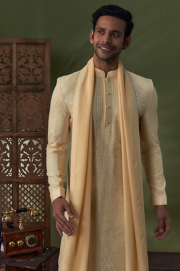 Beige Georgette Lucknowi Kurta Set by Vanshik at Pernia's Pop Up Shop