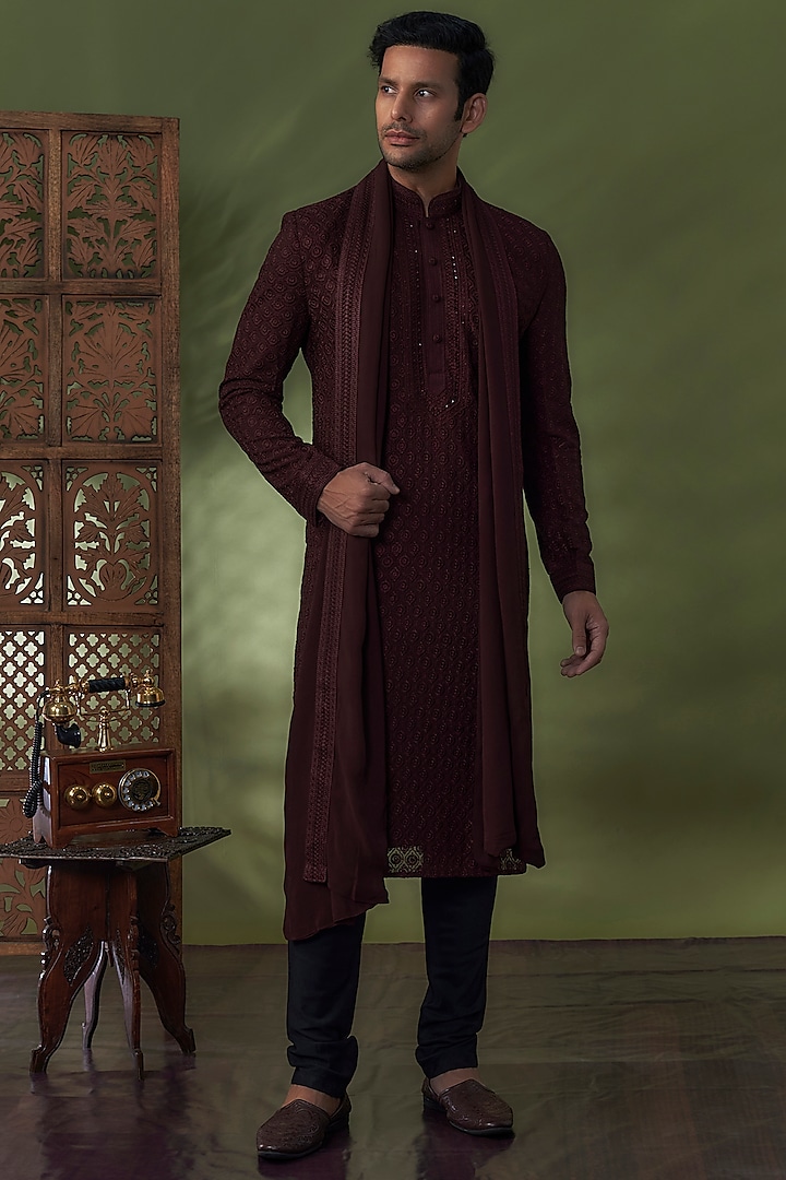 Wine Georgette Lucknowi Kurta Set by Vanshik at Pernia's Pop Up Shop