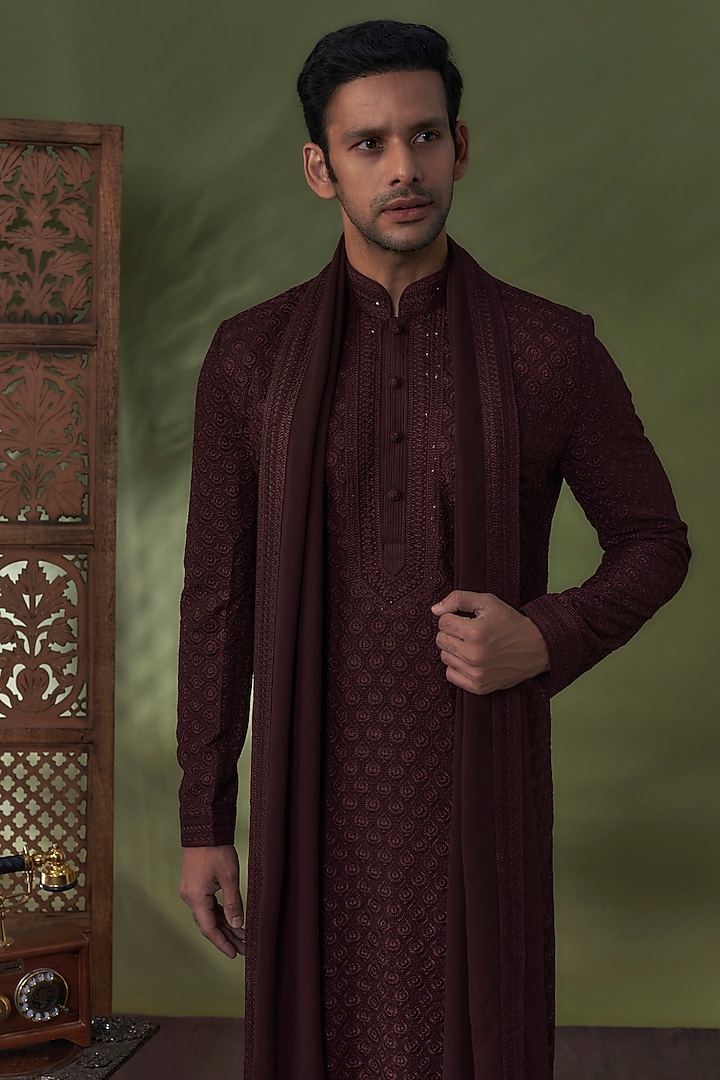 Wine Georgette Lucknowi Kurta Set by Vanshik at Pernia's Pop Up Shop
