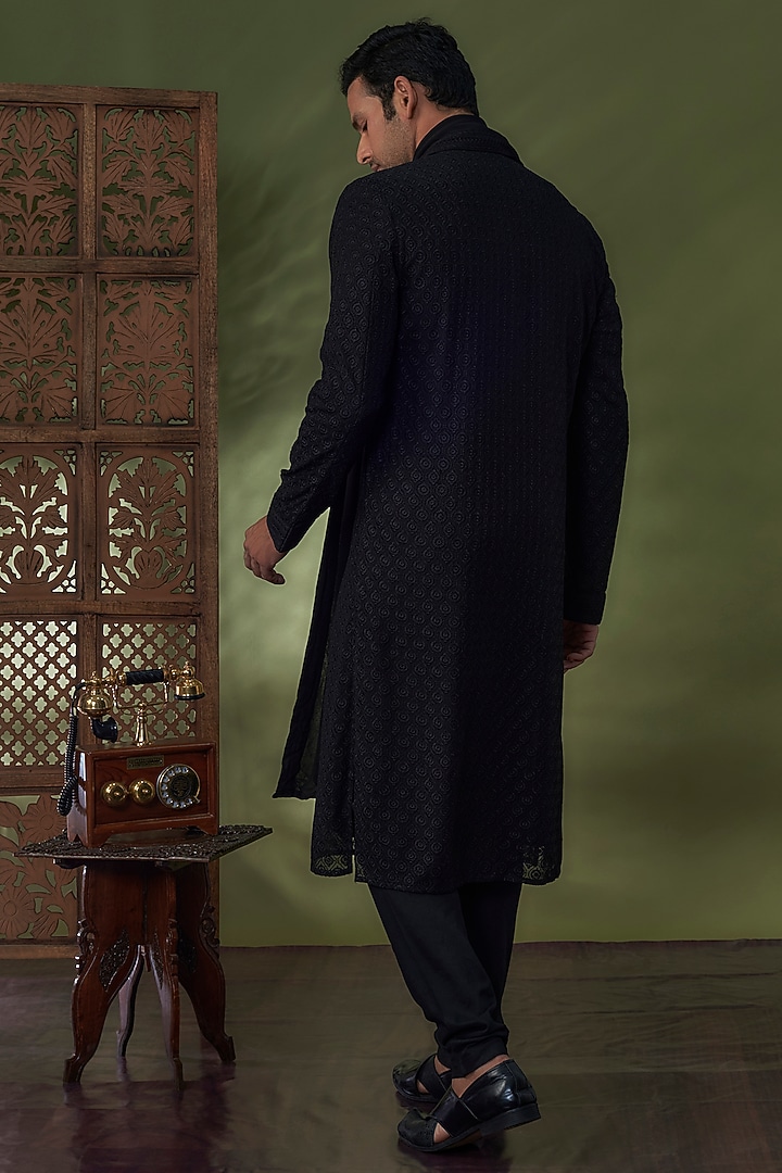 Black Georgette Lucknowi Kurta Set by Vanshik at Pernia's Pop Up Shop