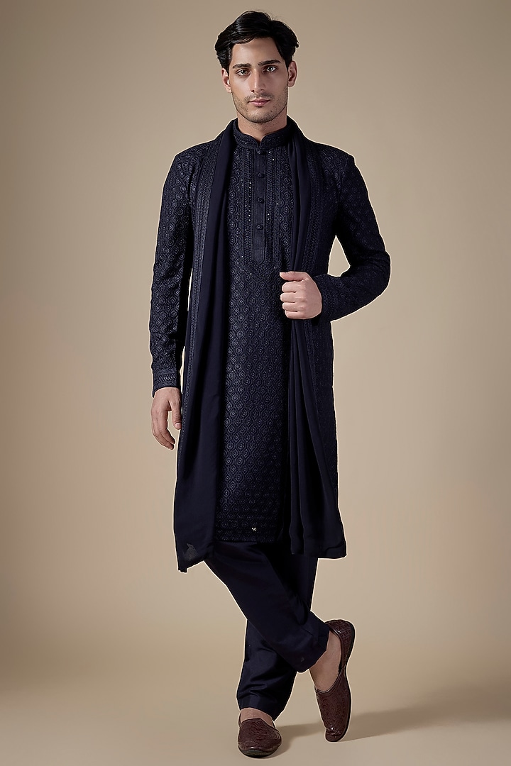 Blue Georgette Lucknowi Kurta Set by Vanshik at Pernia's Pop Up Shop