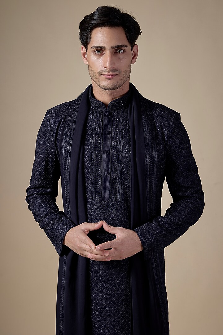 Blue Georgette Lucknowi Kurta Set by Vanshik at Pernia's Pop Up Shop