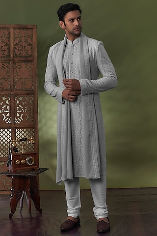 Grey Georgette Lucknowi Kurta Set by Vanshik