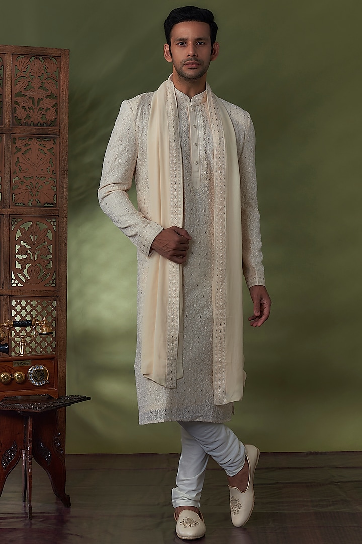 Pearl White Georgette Lucknowi Kurta Set by Vanshik at Pernia's Pop Up Shop