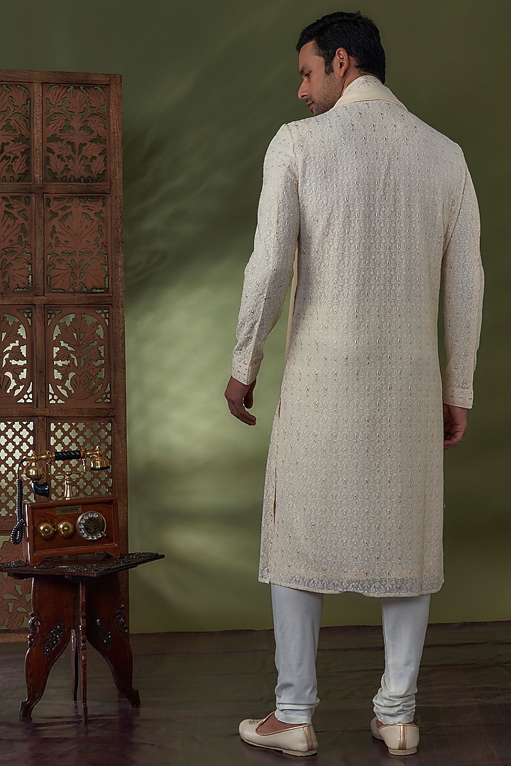 Pearl White Georgette Lucknowi Kurta Set by Vanshik at Pernia's Pop Up Shop