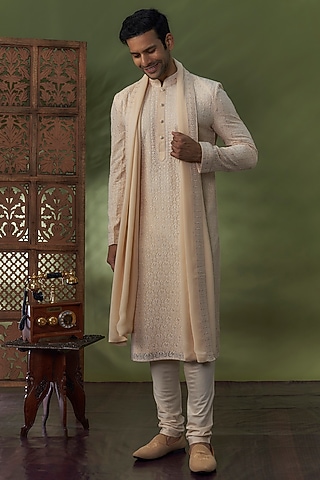Peach Georgette Lucknowi Kurta Set by Vanshik