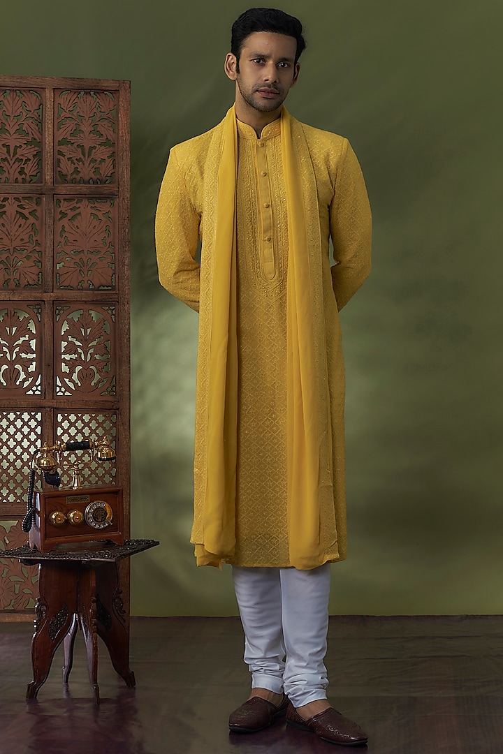 Yellow Georgette Lucknowi Kurta Set by Vanshik