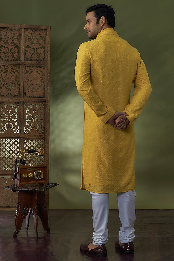 Yellow Georgette Lucknowi Kurta Set by Vanshik at Pernia's Pop Up Shop