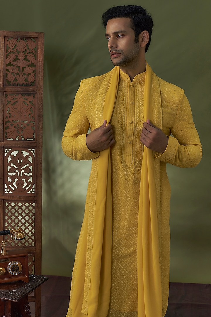 Yellow Georgette Lucknowi Kurta Set by Vanshik at Pernia's Pop Up Shop
