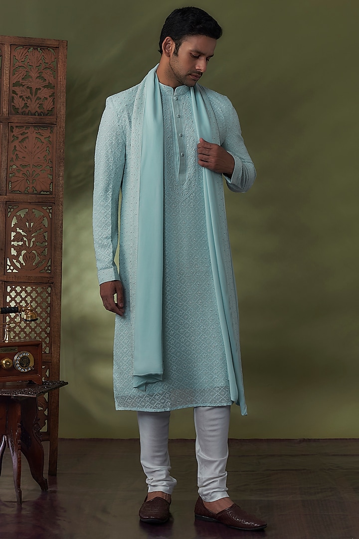 Aqua Blue Georgette Lucknowi Kurta Set by Vanshik