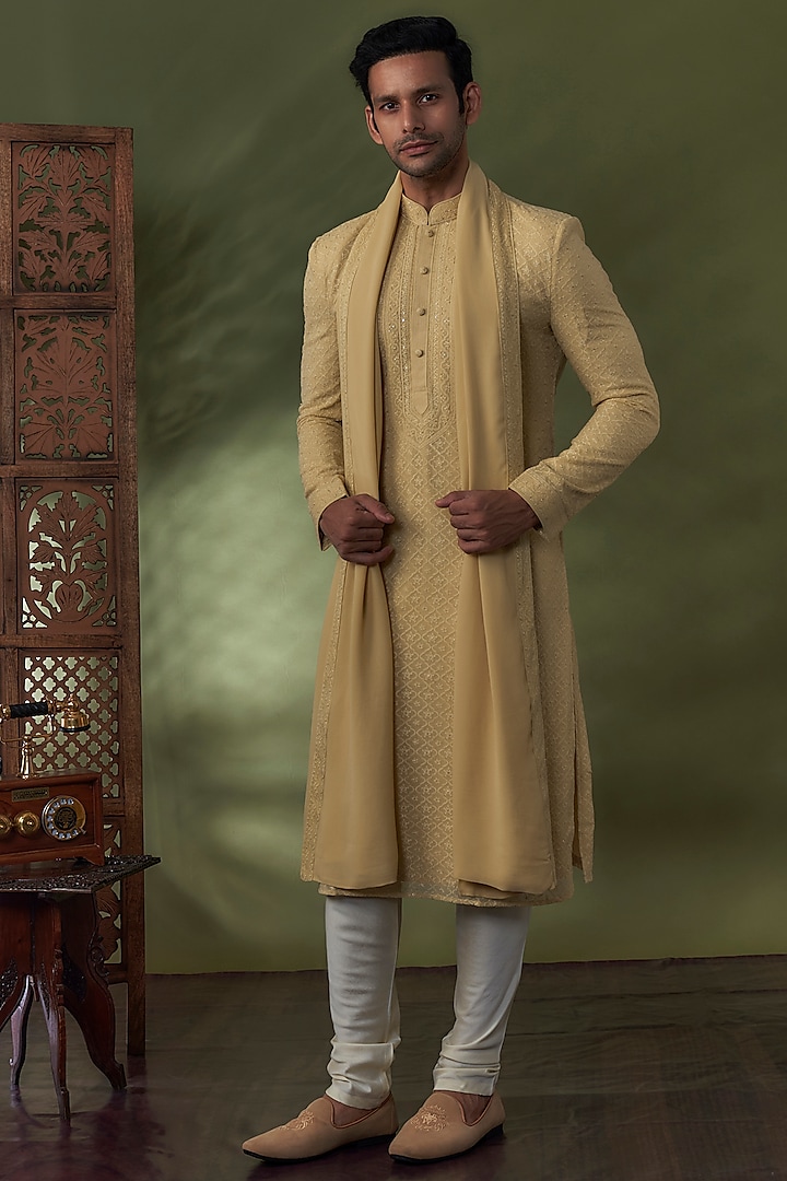 Gold Georgette Lucknowi Kurta Set by Vanshik