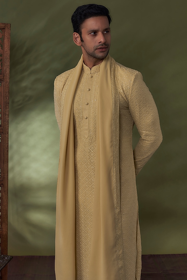 Gold Georgette Lucknowi Kurta Set by Vanshik at Pernia's Pop Up Shop