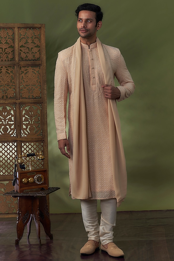 Blush Pink Georgette Lucknowi Kurta Set by Vanshik