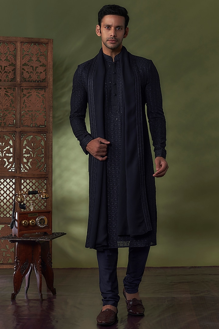 Navy Blue Georgette Lucknowi Kurta Set by Vanshik