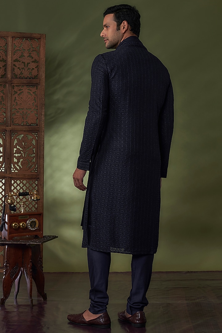 Navy Blue Georgette Lucknowi Kurta Set by Vanshik at Pernia's Pop Up Shop
