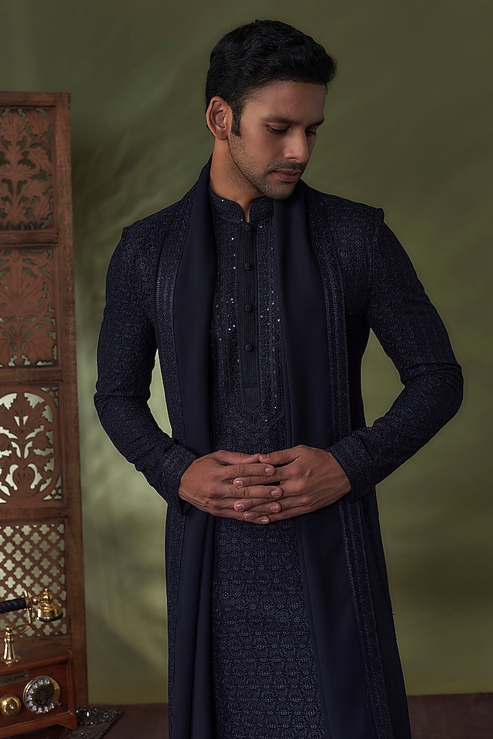 Navy Blue Georgette Lucknowi Kurta Set by Vanshik at Pernia's Pop Up Shop