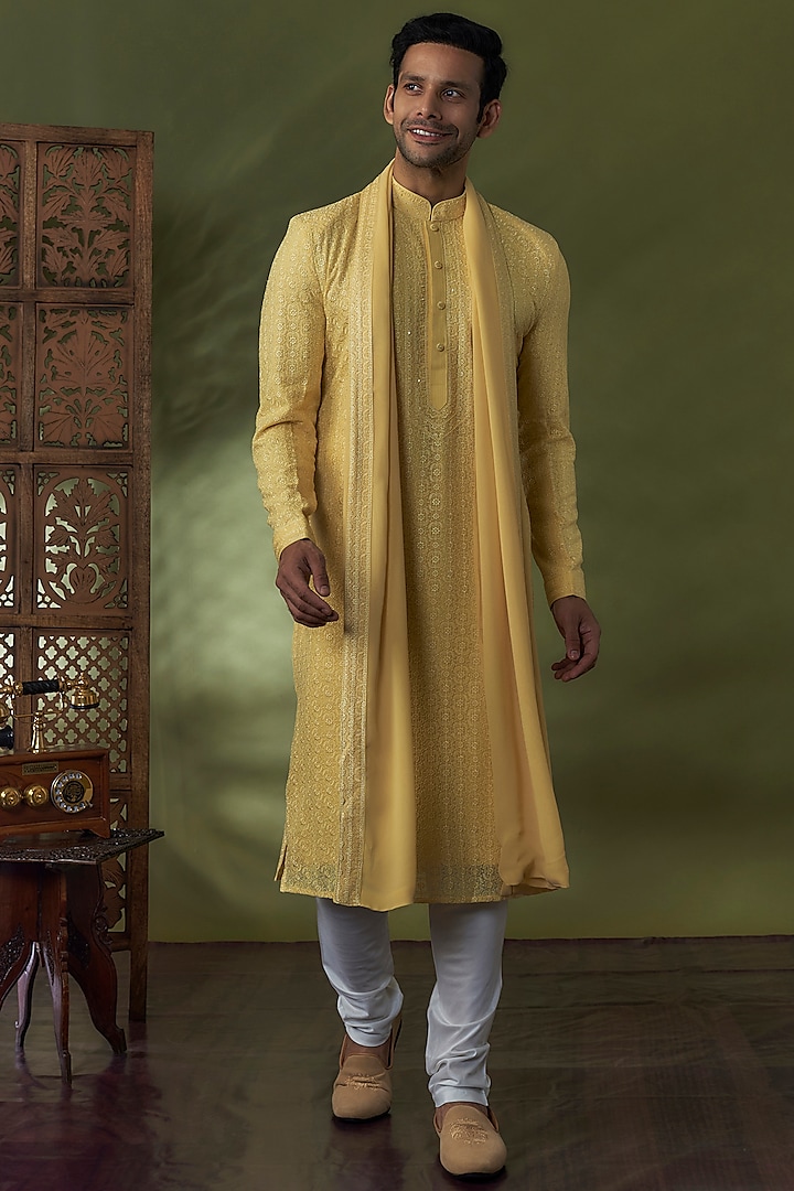 Haldi Yellow Georgette Lucknowi Kurta Set by Vanshik