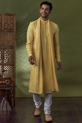 Haldi Yellow Georgette Lucknowi Kurta Set by Vanshik