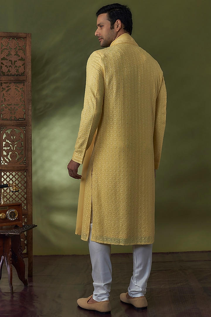 Haldi Yellow Georgette Lucknowi Kurta Set by Vanshik at Pernia's Pop Up Shop