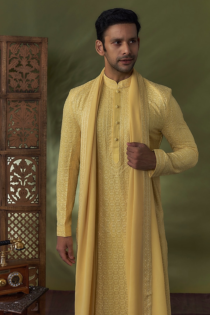 Haldi Yellow Georgette Lucknowi Kurta Set by Vanshik at Pernia's Pop Up Shop