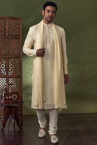 Pearl White Georgette Lucknowi Kurta Set by Vanshik