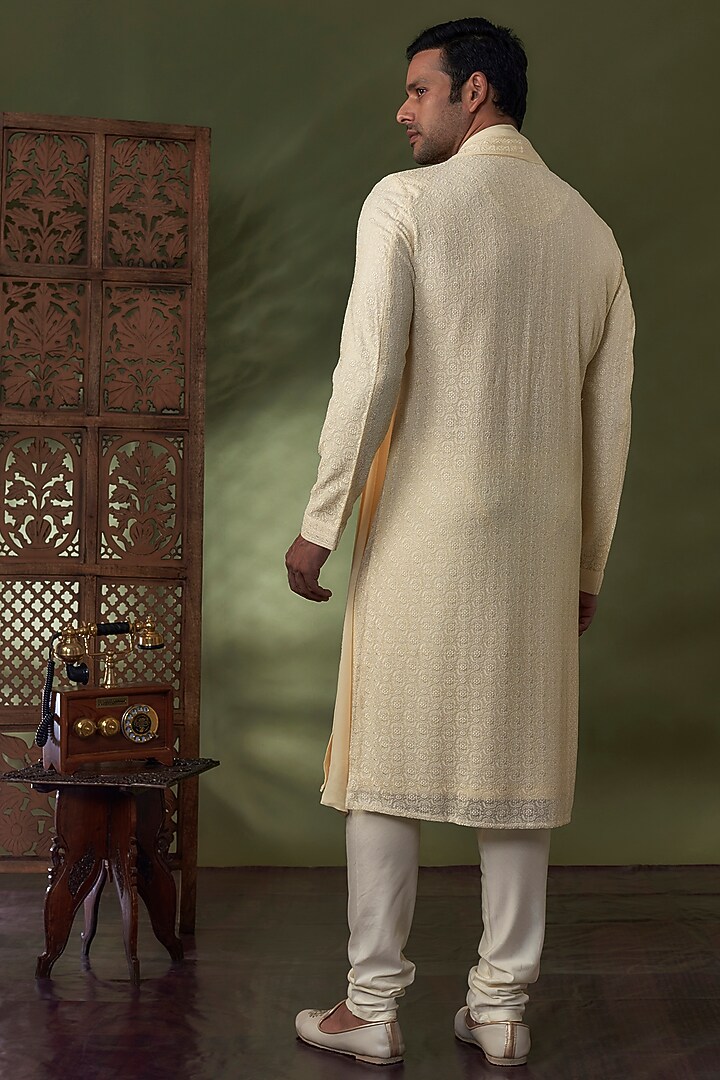Pearl White Georgette Lucknowi Kurta Set by Vanshik at Pernia's Pop Up Shop