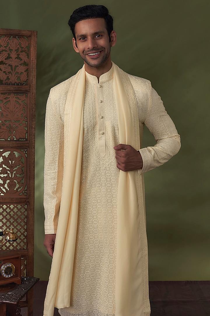 Pearl White Georgette Lucknowi Kurta Set by Vanshik at Pernia's Pop Up Shop