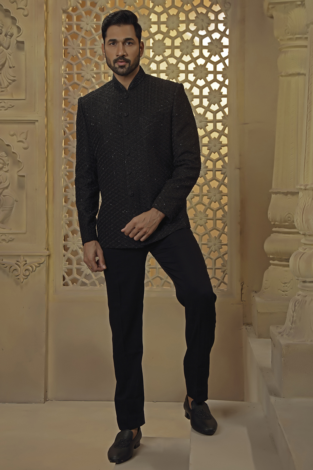 Black Silk Blend Cut-Diamond Embroidered Bandhgala Set by Vanshik
