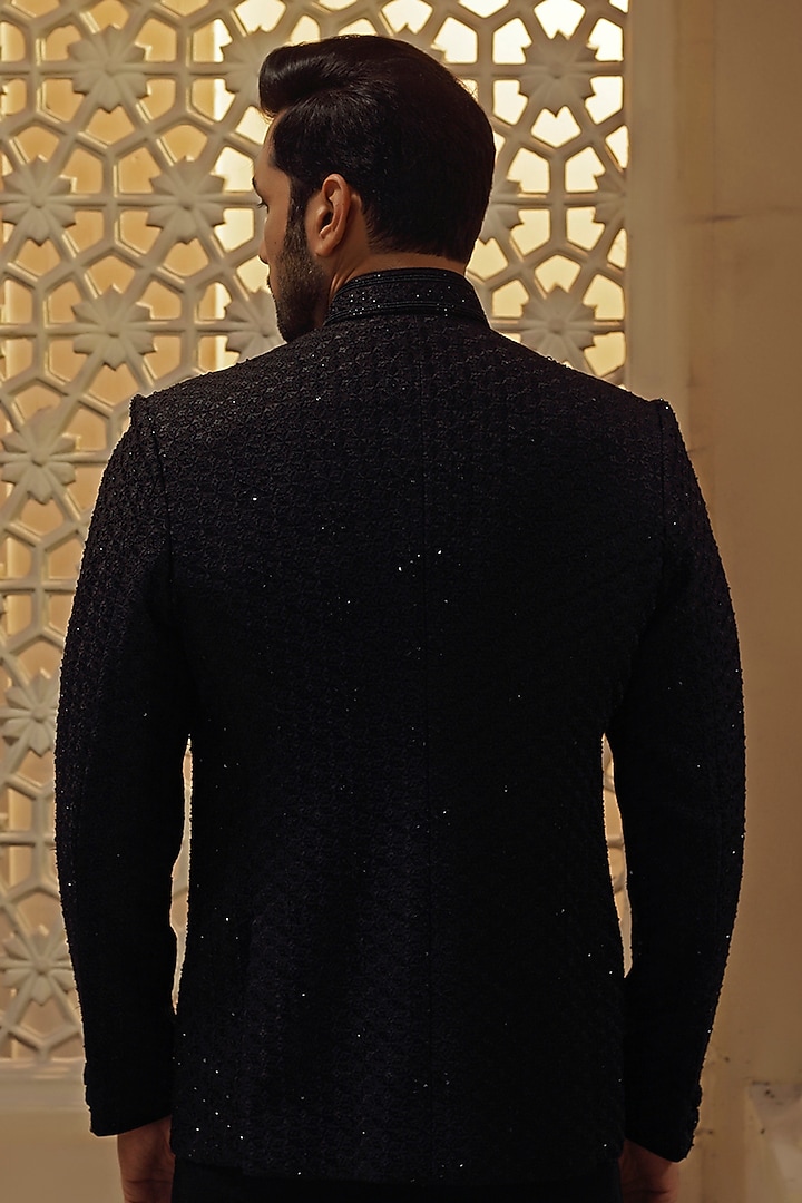Black Silk Blend Cut-Diamond Embroidered Wedding Bandhgala Set by Vanshik at Pernia's Pop Up Shop