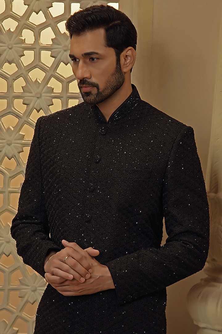Black Silk Blend Cut-Diamond Embroidered Wedding Bandhgala Set by Vanshik at Pernia's Pop Up Shop