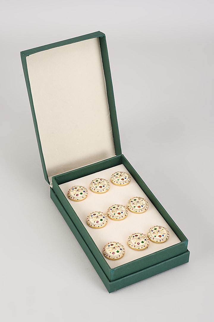 Gold Finish Multi-Colored Diamond Buttons (Set Of 9) by Vanshik at Pernia's Pop Up Shop