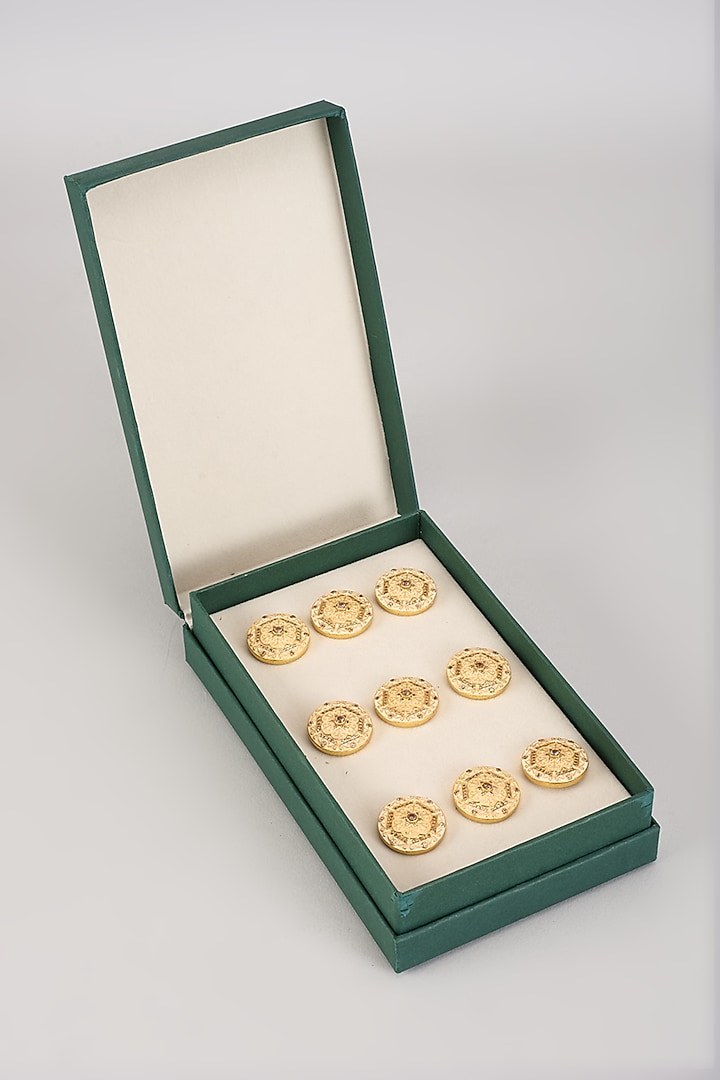 Gold Finish Multi-Colored Diamond Buttons (Set Of 9) by Vanshik at Pernia's Pop Up Shop