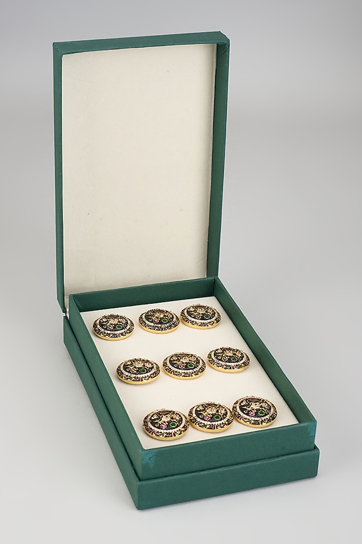 Gold Finish Diamond Embellished Buttons (Set of 9) by Vanshik at Pernia's Pop Up Shop