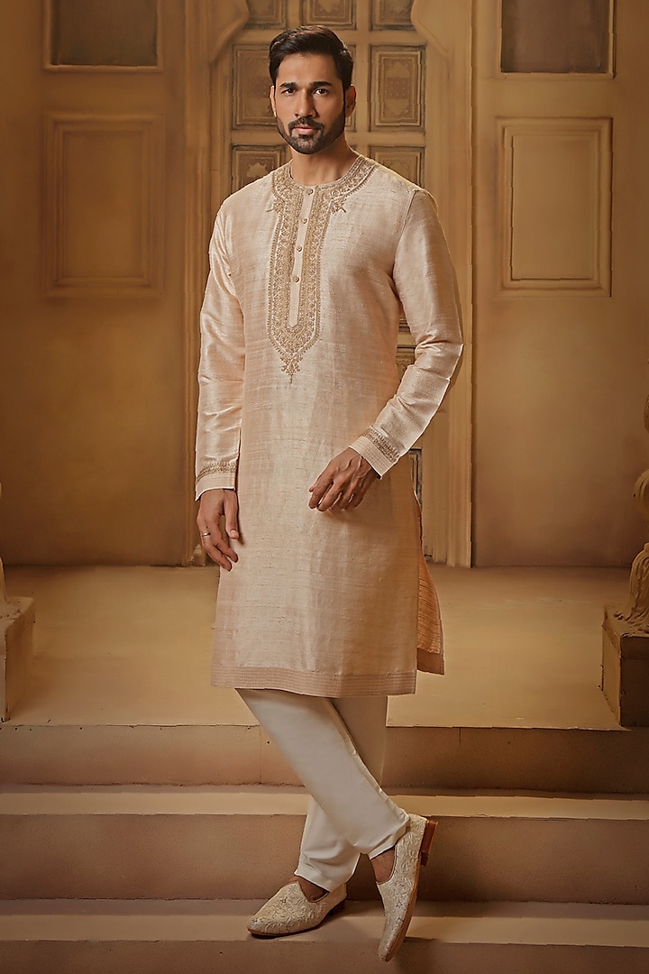 Golden Raw Silk Tilla Embroidered Kurta Set by Vanshik