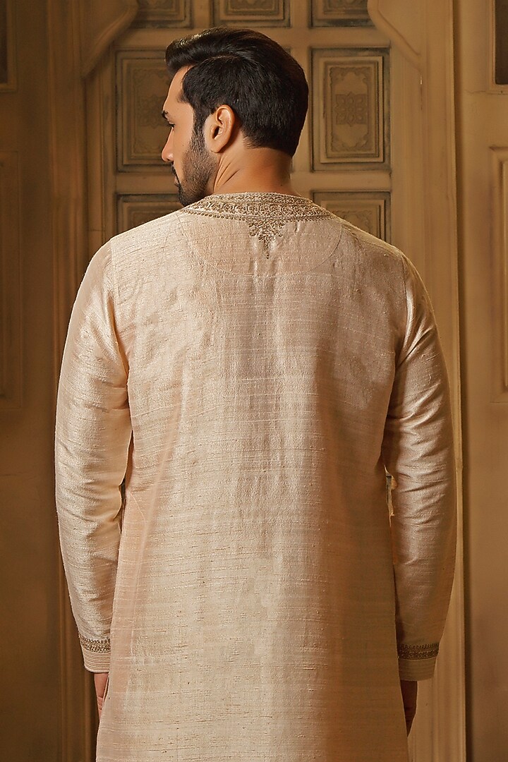 Golden Raw Silk Tilla Embroidered Kurta Set by Vanshik at Pernia's Pop Up Shop