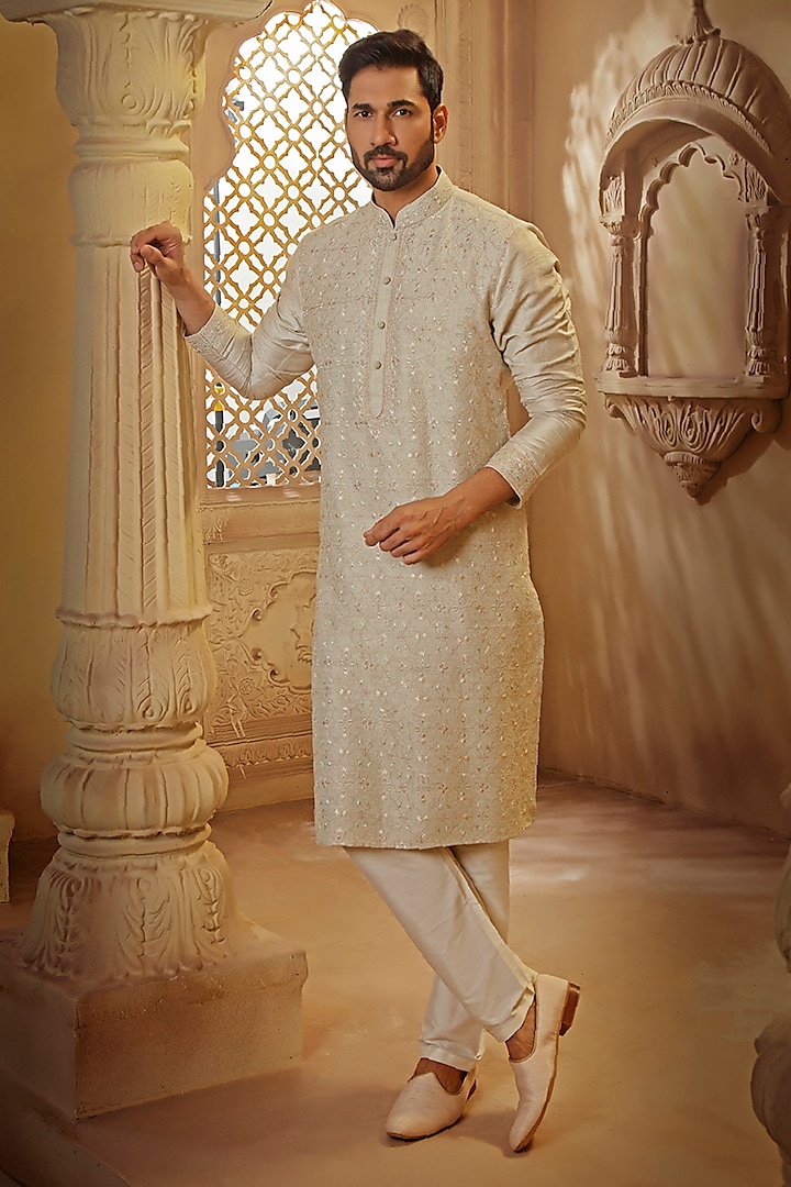 Mint Raw Silk Thread Embroidered Kurta Set by Vanshik