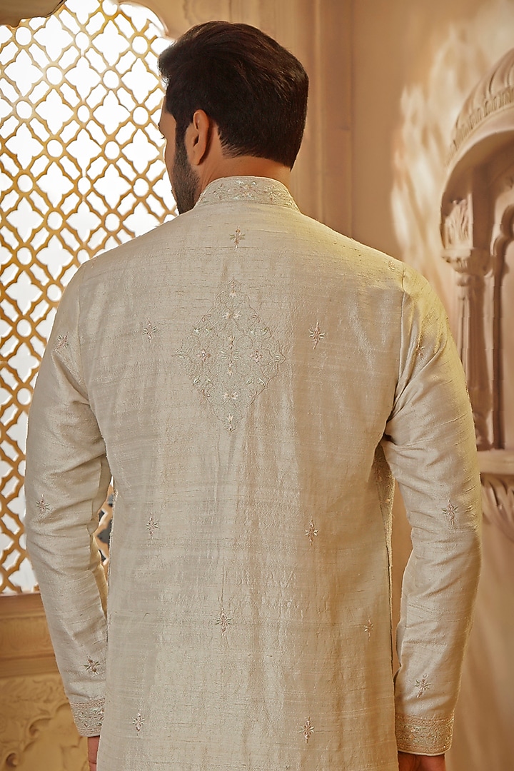 Mint Raw Silk Thread Embroidered Kurta Set by Vanshik at Pernia's Pop Up Shop