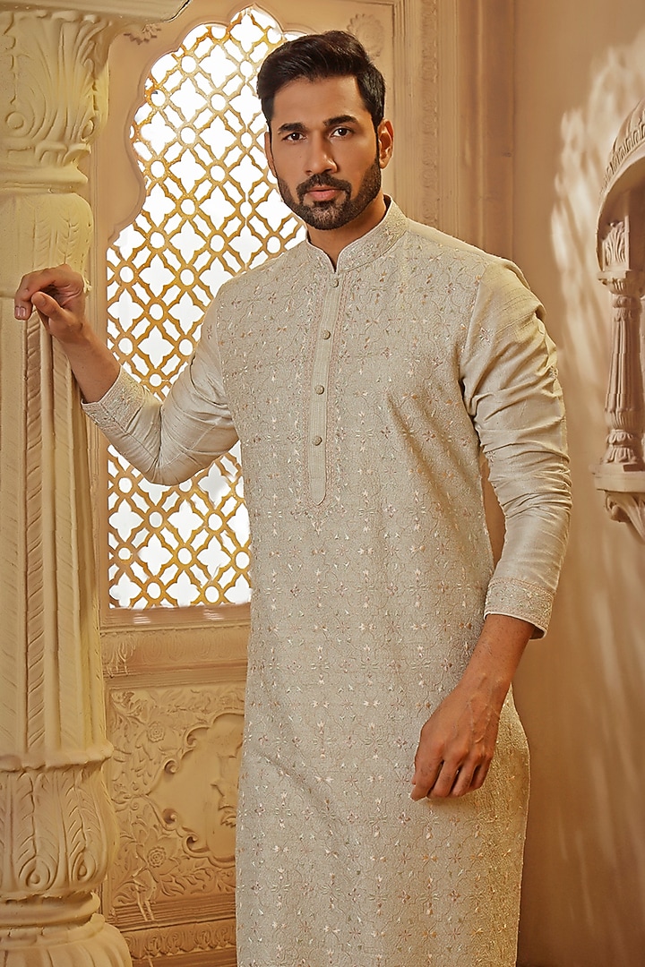 Mint Raw Silk Thread Embroidered Kurta Set by Vanshik at Pernia's Pop Up Shop