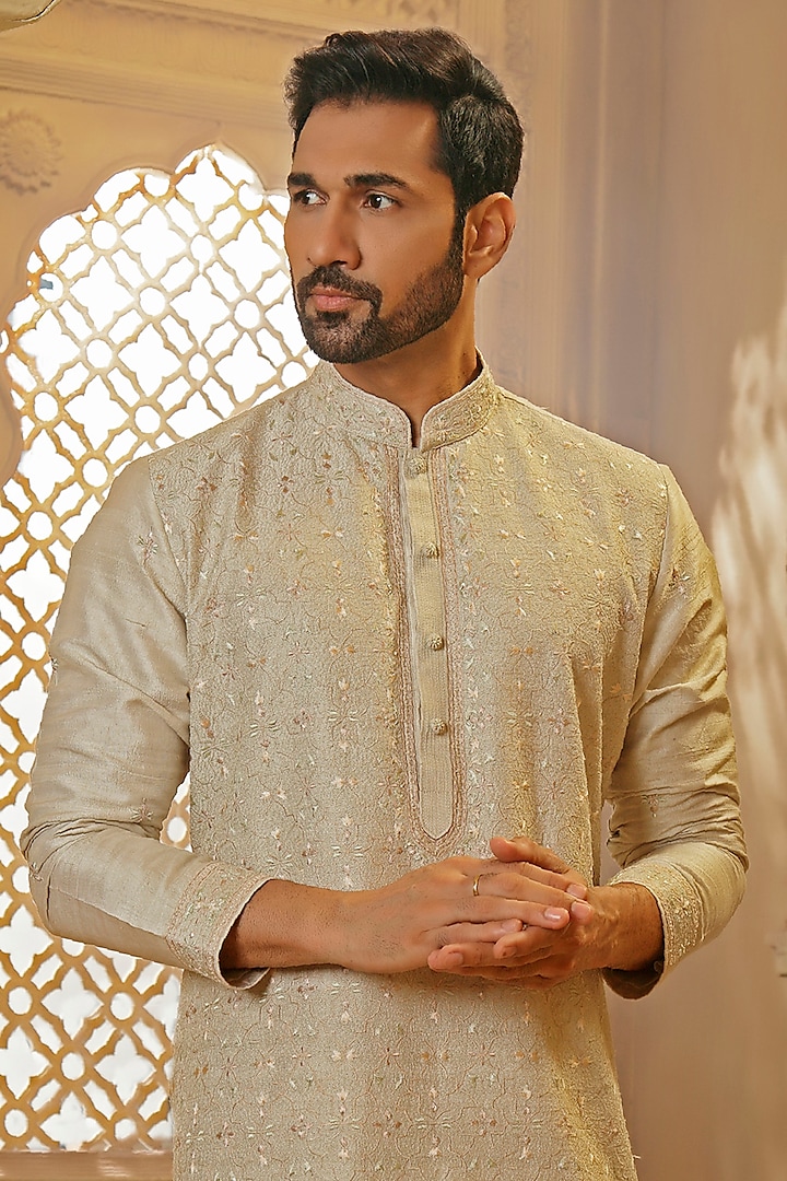 Mint Raw Silk Thread Embroidered Kurta Set by Vanshik at Pernia's Pop Up Shop