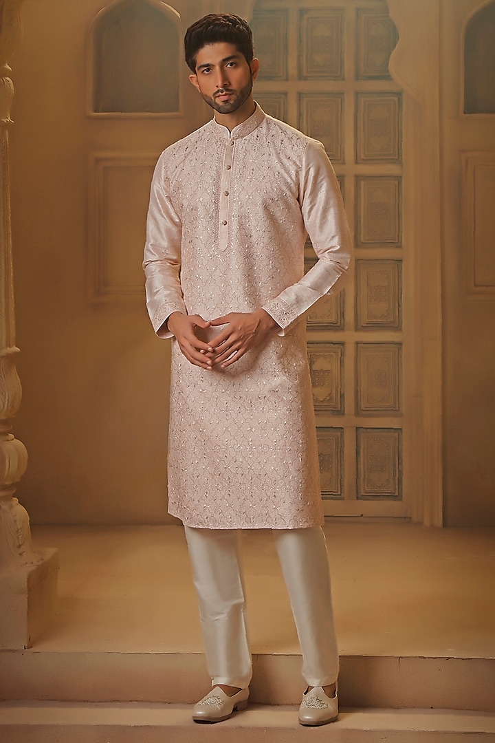 Light Pink Raw Silk Resham Embroidered Kurta Set by Vanshik