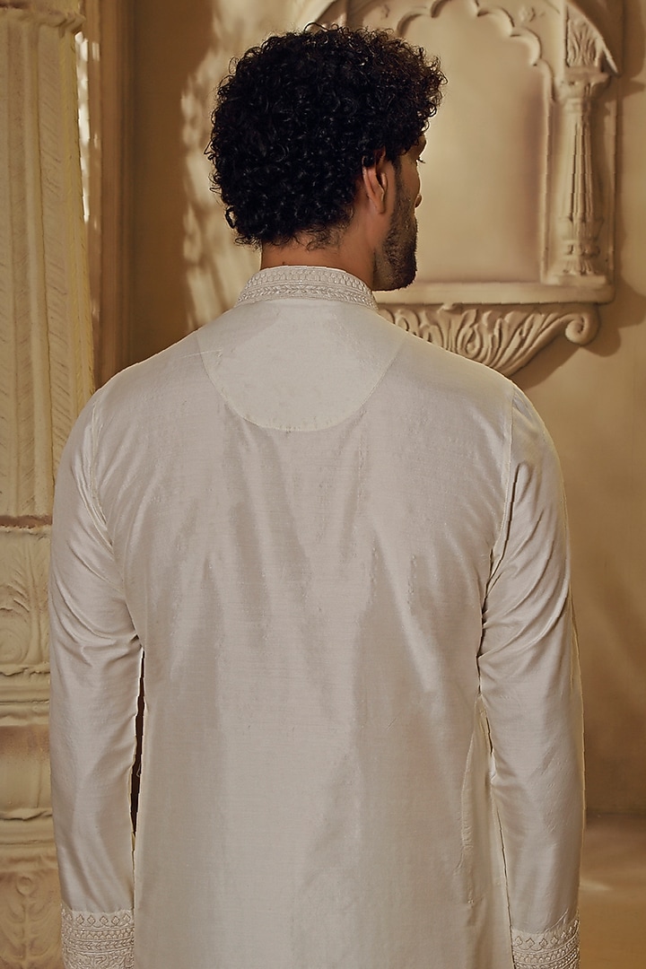 Pearl White Spun Silk Resham Embroidered Kurta Set by Vanshik at Pernia's Pop Up Shop