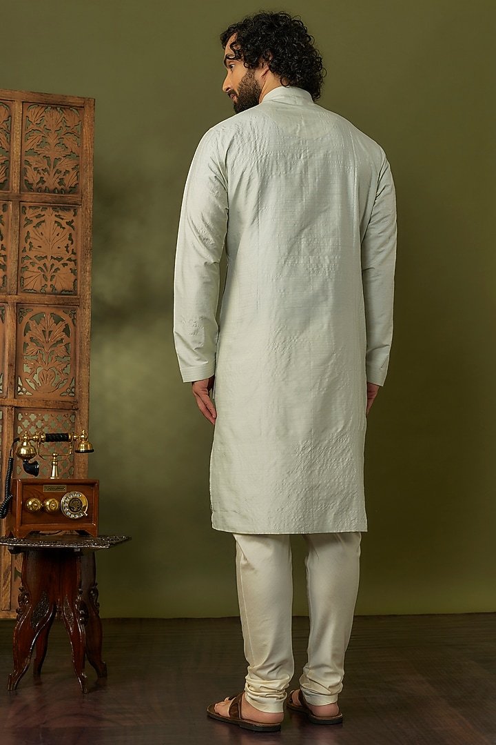 Mint Spun Silk Resham Floral Hand Embroidered Kurta Set by Vanshik at Pernia's Pop Up Shop