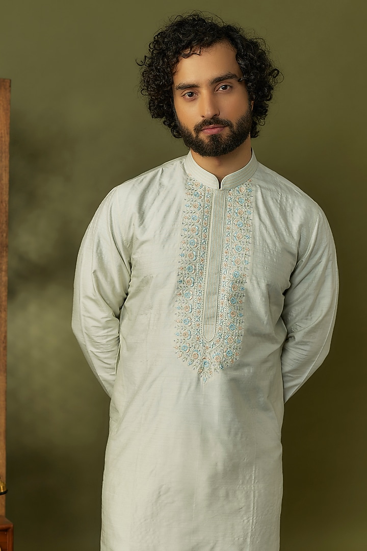 Mint Spun Silk Resham Floral Hand Embroidered Kurta Set by Vanshik at Pernia's Pop Up Shop