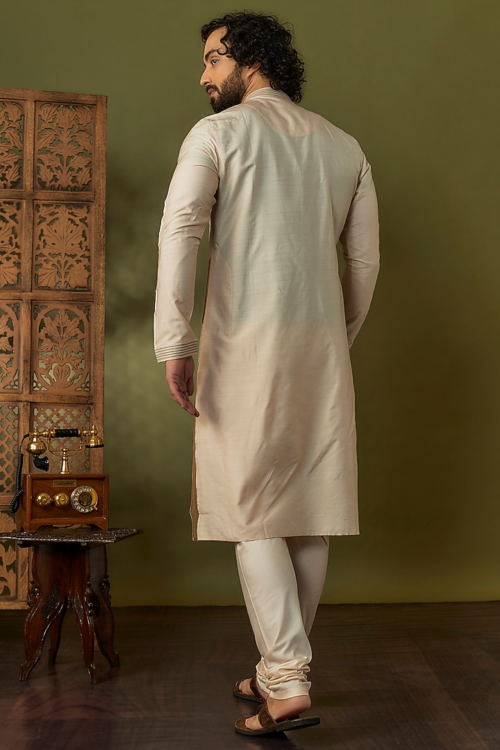 Beige Spun Silk Resham Floral Hand Embroidered Kurta Set by Vanshik at Pernia's Pop Up Shop