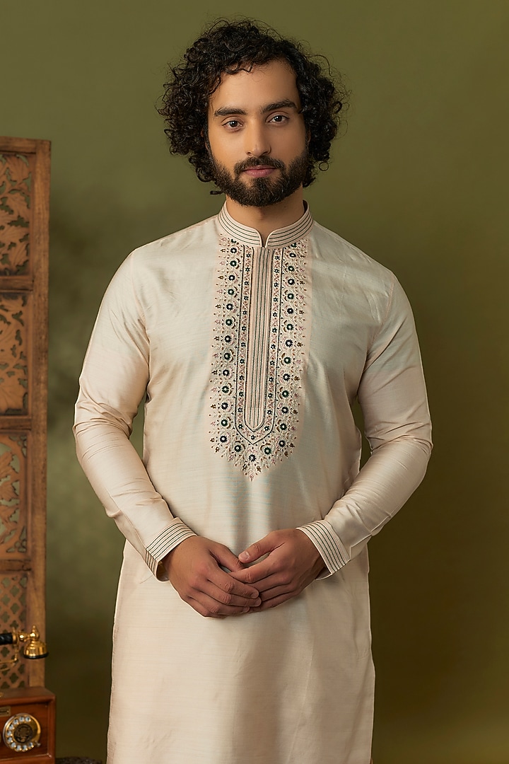 Beige Spun Silk Resham Floral Hand Embroidered Kurta Set by Vanshik at Pernia's Pop Up Shop